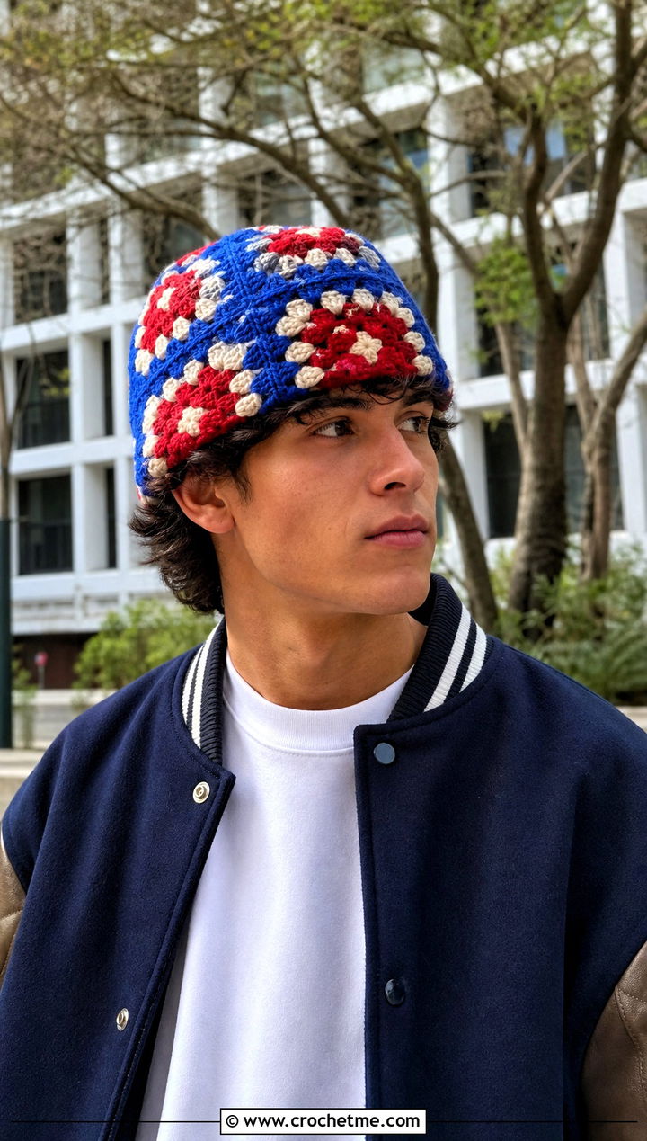 Granny Square Crochet Beanie With Varsity Jacket - 25 easy crochet beanie for men outfit ideas