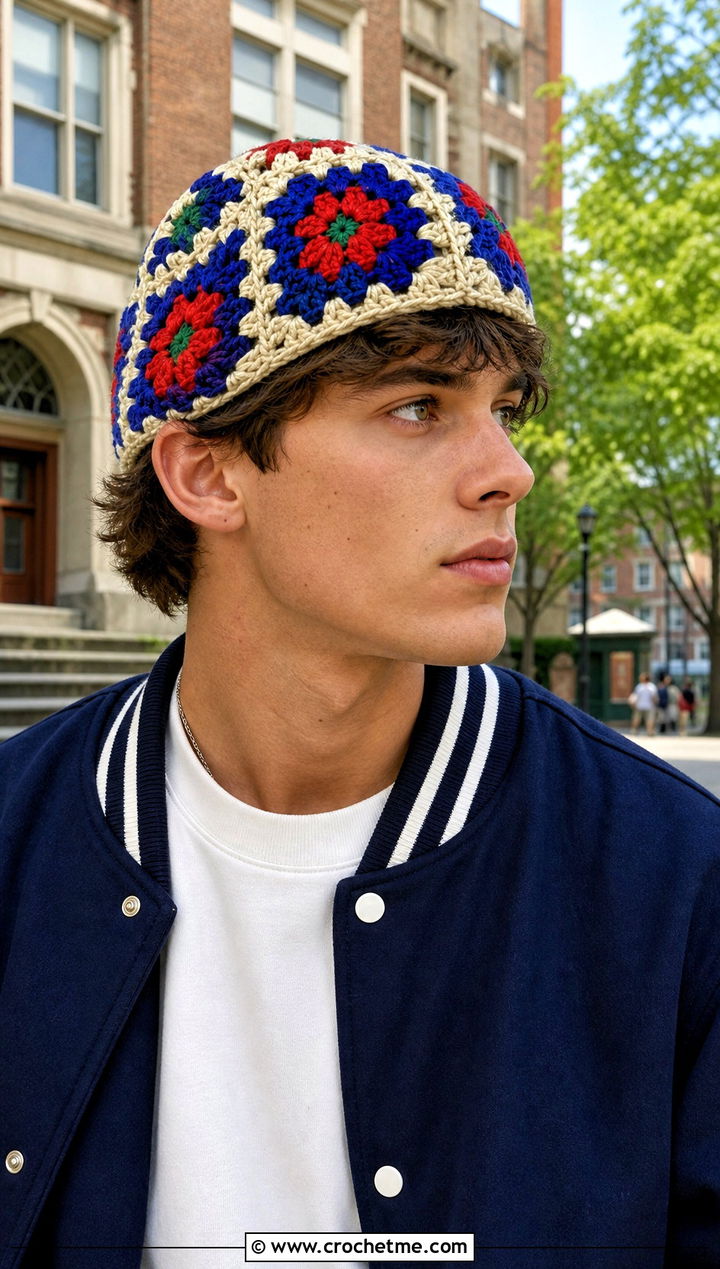 Granny Square Crochet Beanie With Varsity Jacket - 25 Crochet Mens Winter Hat outfit ideas