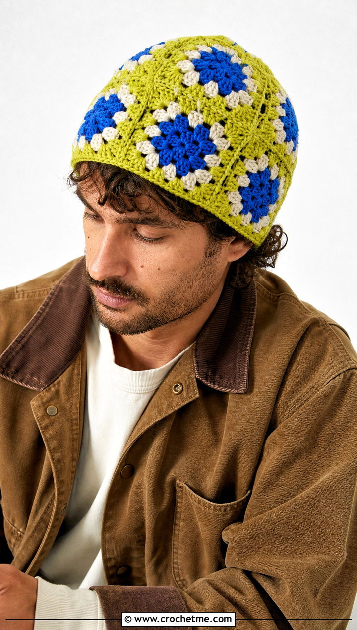 Granny Square Crochet Beanie With Workwear Jacket - 30 mens crochet hats men's beanie outfit ideas