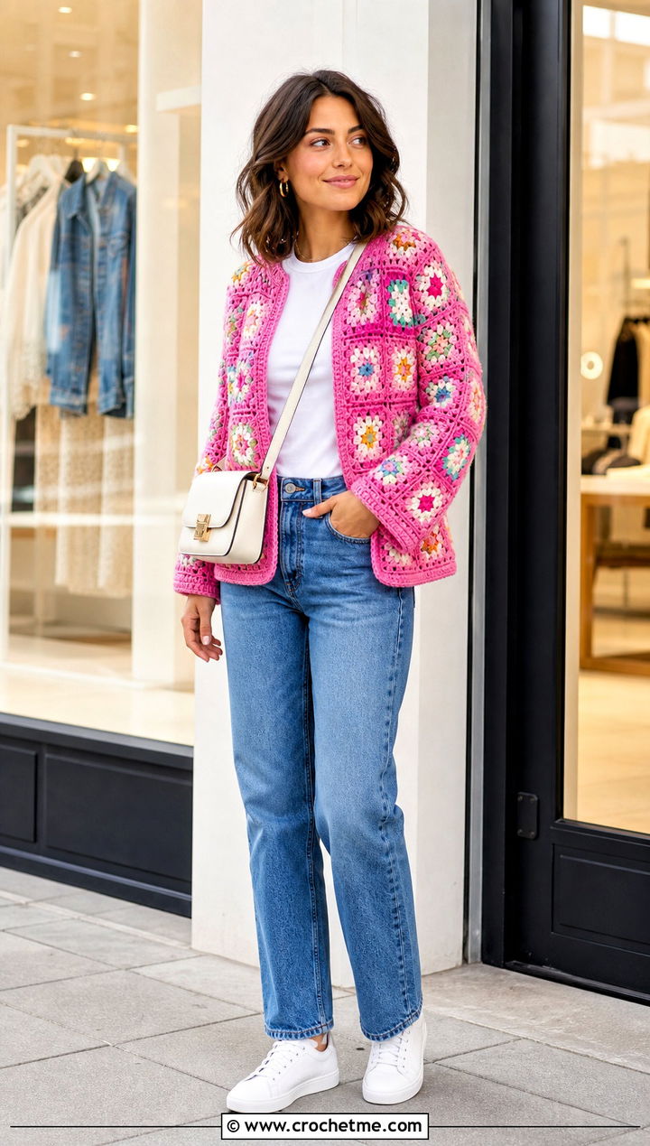 Granny Square Crochet Bed Jacket With Straight Jeans - 25 Crochet Bed Jackets outfit ideas