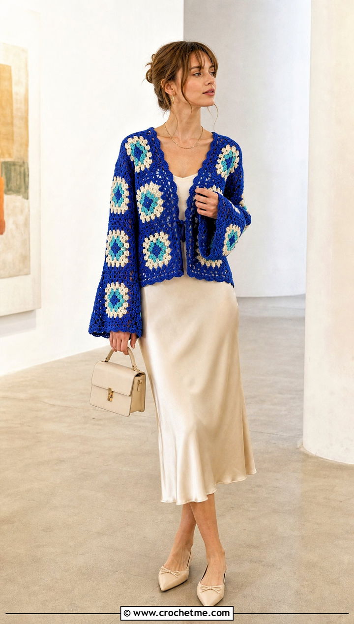 Granny Square Crochet Bell Sleeve Cardigan With Satin Slip Skirt - 30 crochet bell sleeve cardigan outfit ideas
