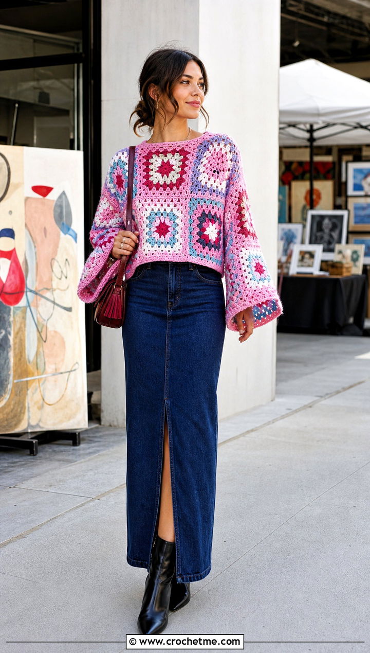 Granny Square Crochet Bell Sleeve Sweater With Denim Skirt - 25 Crochet Sweater With Bell Sleeves outfit ideas