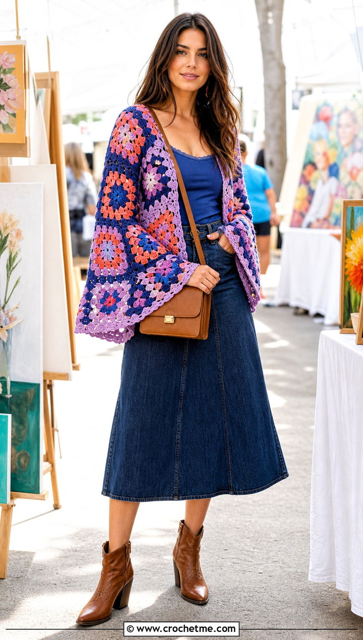 Granny Square Crochet Bell Sleeve Sweater With Denim Skirt - 25 crochet bell sleeve sweater outfit ideas