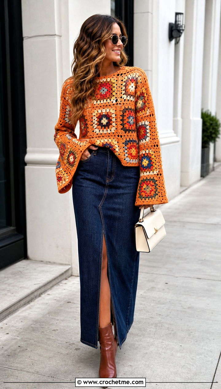 Granny Square Crochet Bell Sleeve Top With Denim Maxi Skirt - 15 crochet bell sleeve top outfit ideas