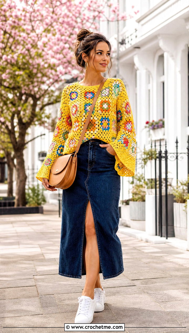 Granny Square Crochet Bell Sleeve Top With Denim Midi Skirt - 30 crochet top with bell sleeves outfit ideas