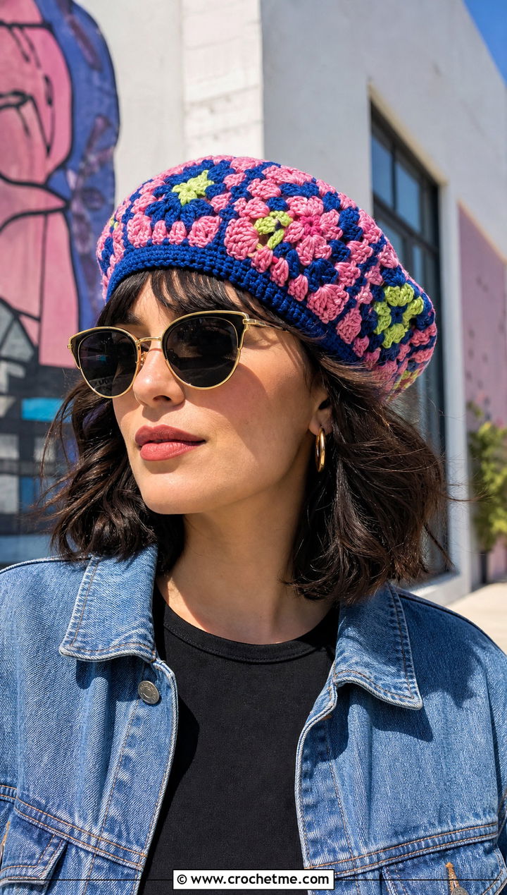 Granny Square Crochet Beret With Denim Jacket - 15 simple crochet beret outfit ideas