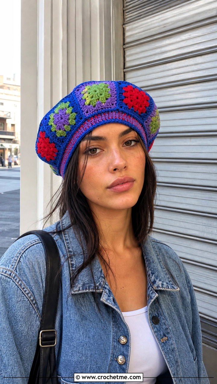 Granny Square Crochet Beret With Denim Jacket And Cargo Pants - 15 Womens Crochet Beret outfit ideas