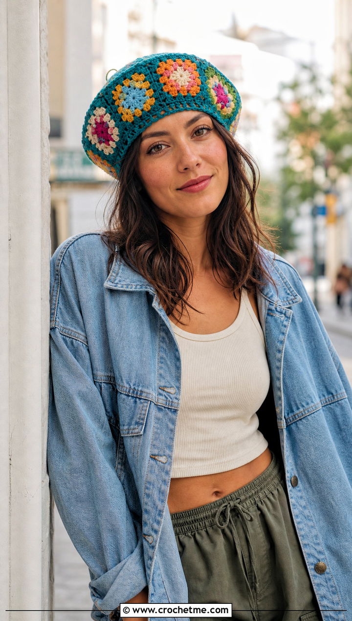 Granny Square Crochet Beret With Denim Jacket And Cargo Pants - 30 crochet berets outfit ideas