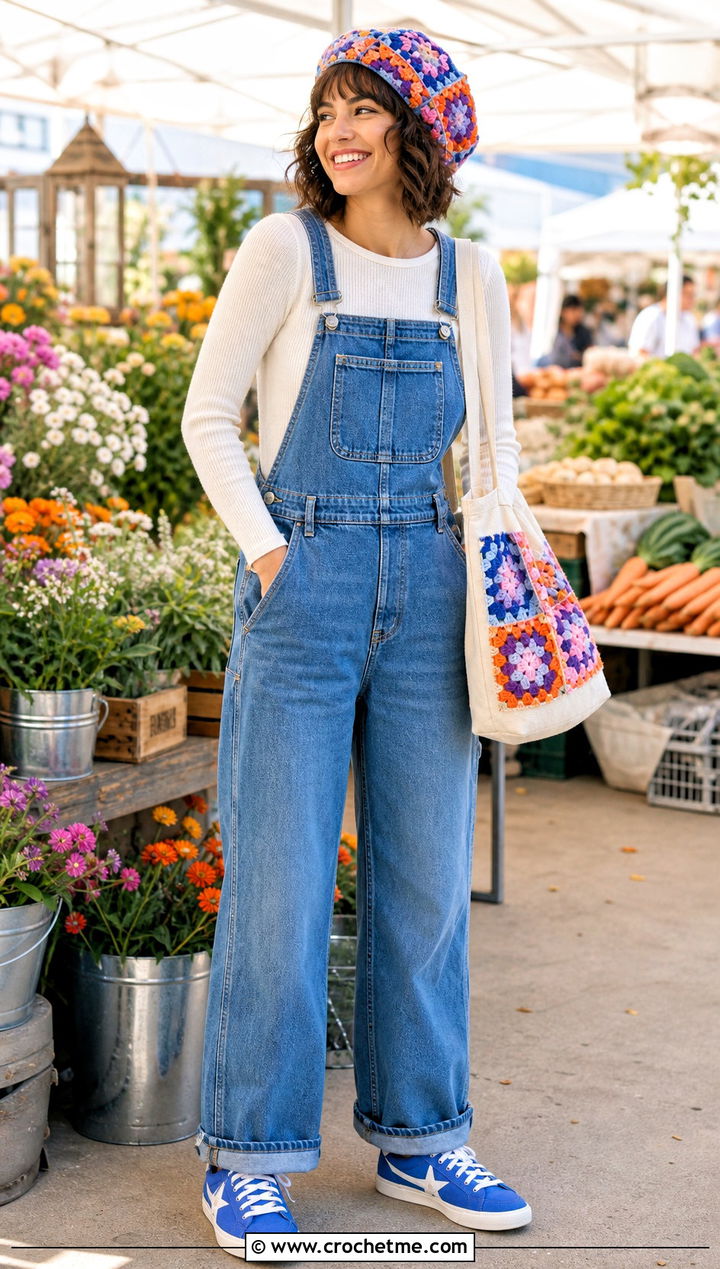 Granny Square Crochet Beret With Denim Overalls - 35 easy crochet beret outfit ideas