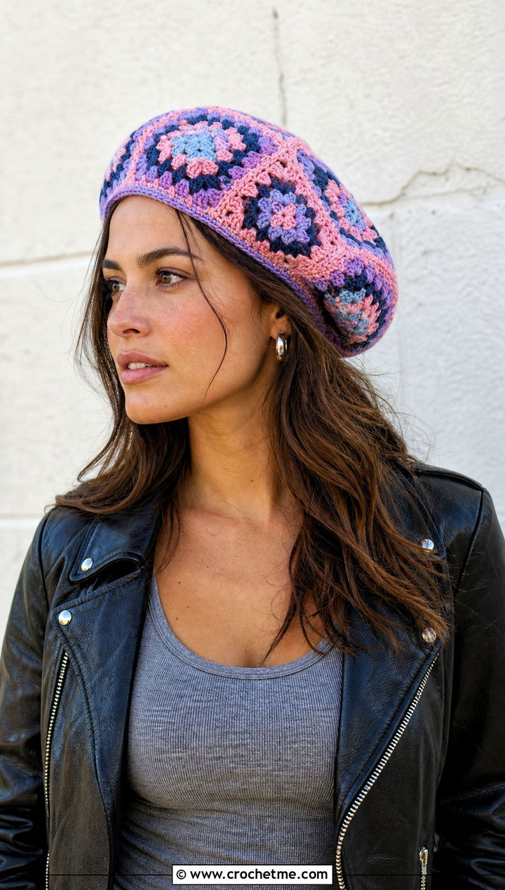 Granny Square Crochet Beret With Leather Jacket - 20 crochet beret hat outfit ideas