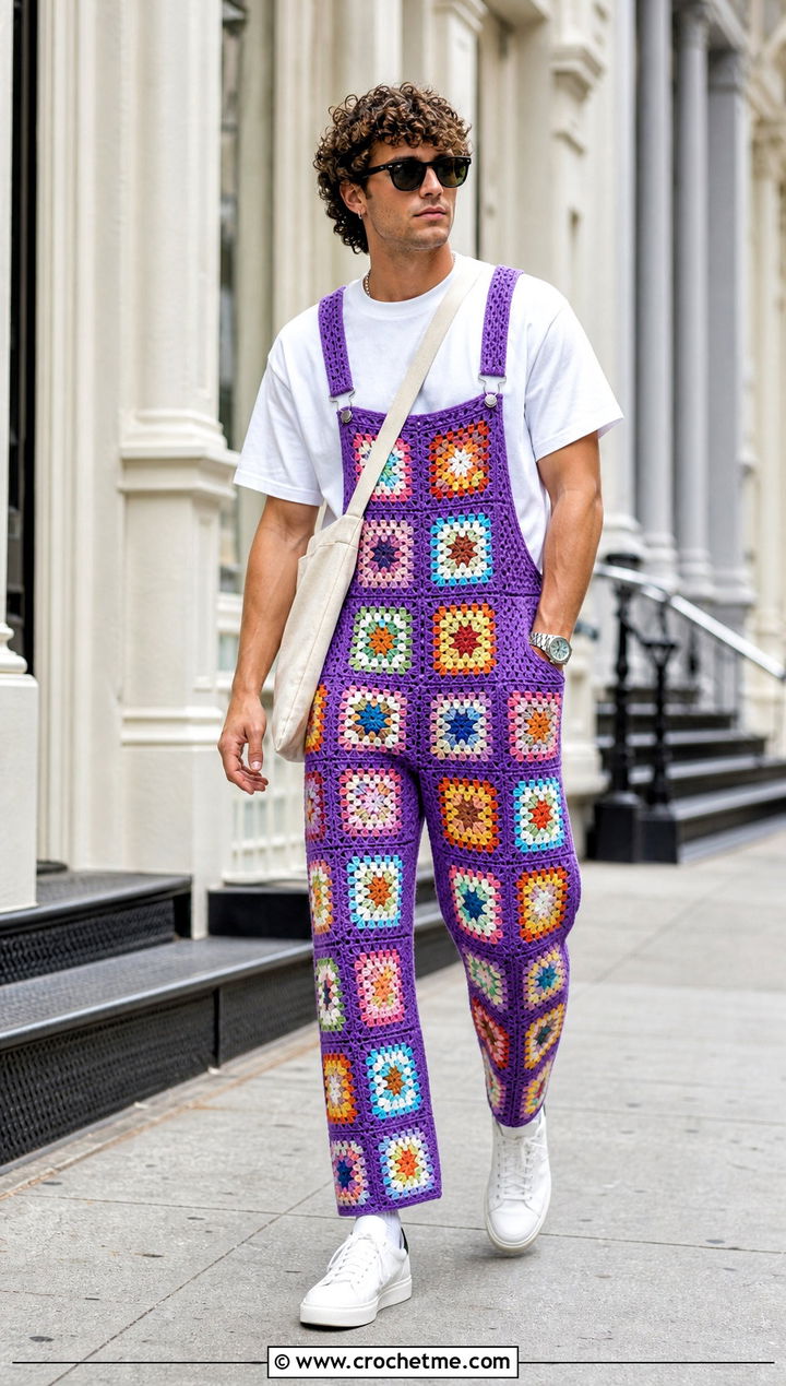 Granny Square Crochet Bib Overalls With White T Shirt - 15 crochet overalls men outfit ideas