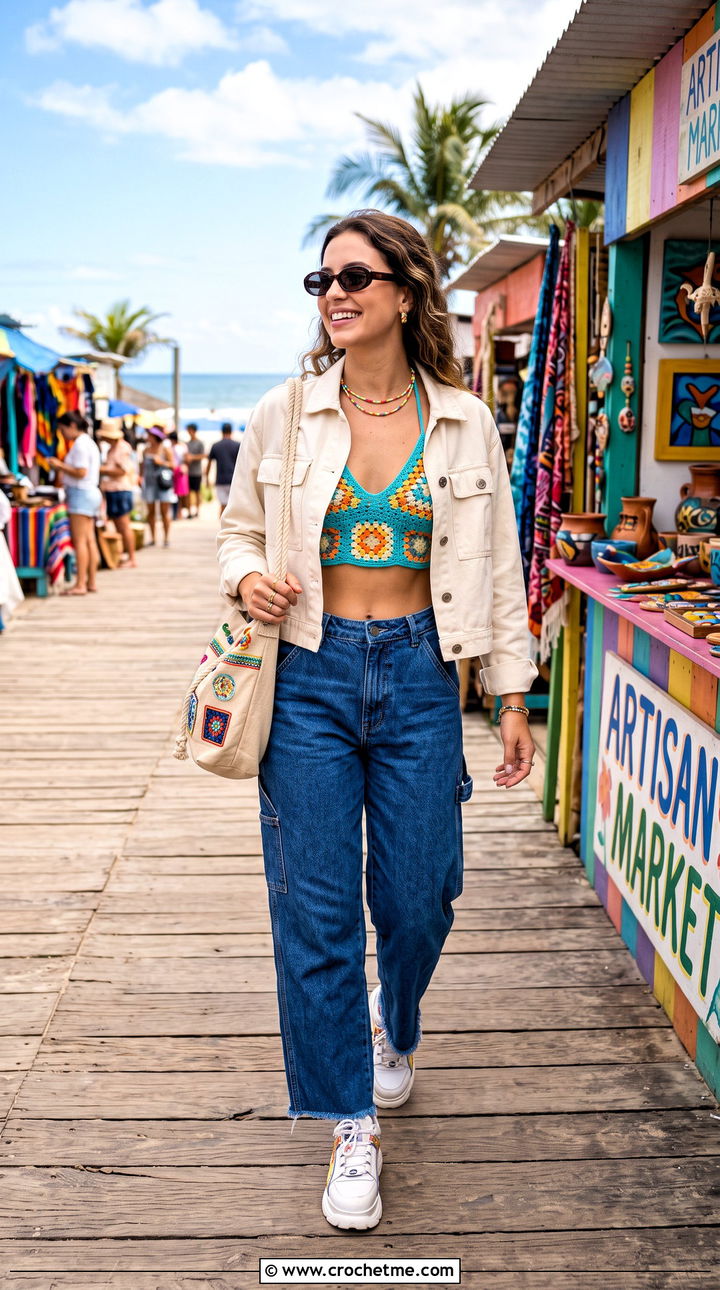 Granny Square Crochet Bikini With Carpenter Jeans - 35 crochet bikinis outfit ideas