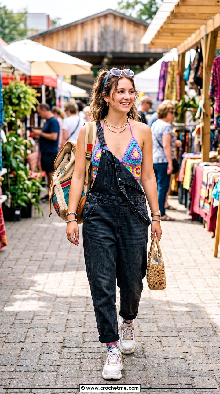 Granny Square Crochet Bikini With Denim Overalls - 35 crochet swimwear outfit ideas