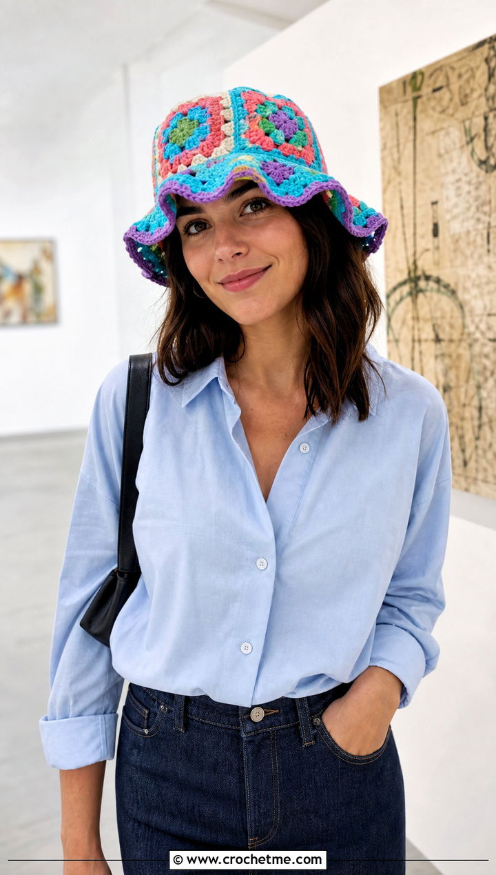 Granny Square Crochet Birthday Hat With Denim Skirt - 30 crochet birthday hat outfit ideas