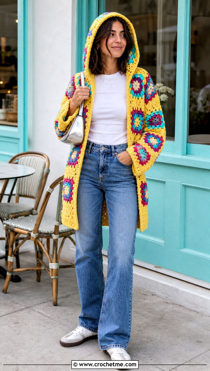 Granny Square Crochet Blanket Hoodie With Straight Jeans - 30 crochet blanket hoodie outfit ideas