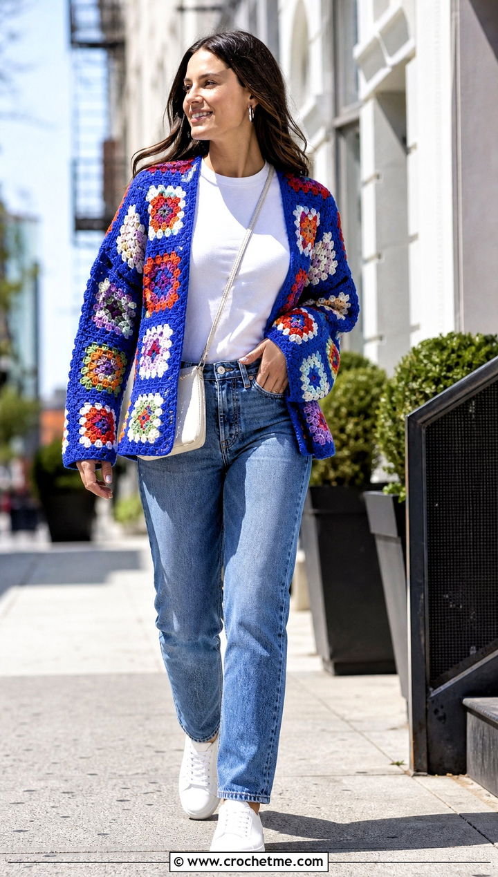 Granny Square Crochet Blanket Jacket With Straight Leg Jeans - 25 crochet blanket jacket outfit ideas