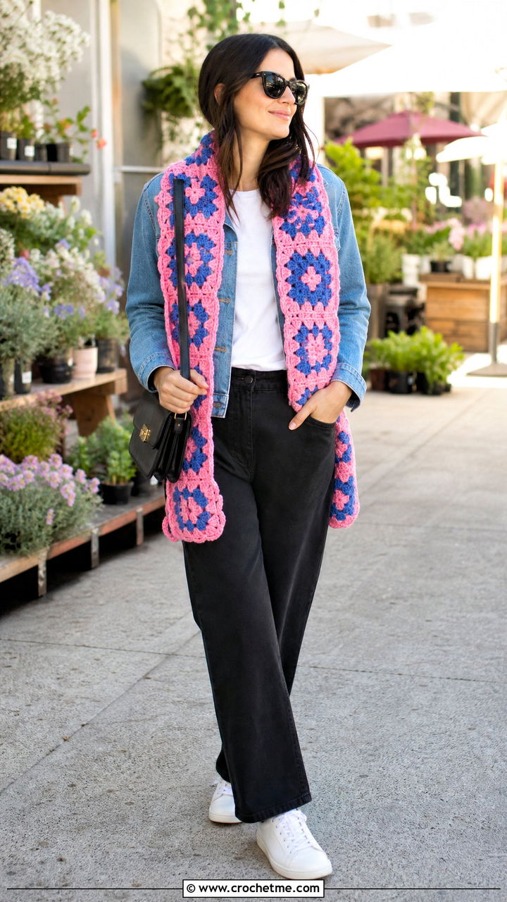 Granny Square Crochet Blanket Scarf With Denim Jacket - 35 crochet blanket scarf outfit ideas