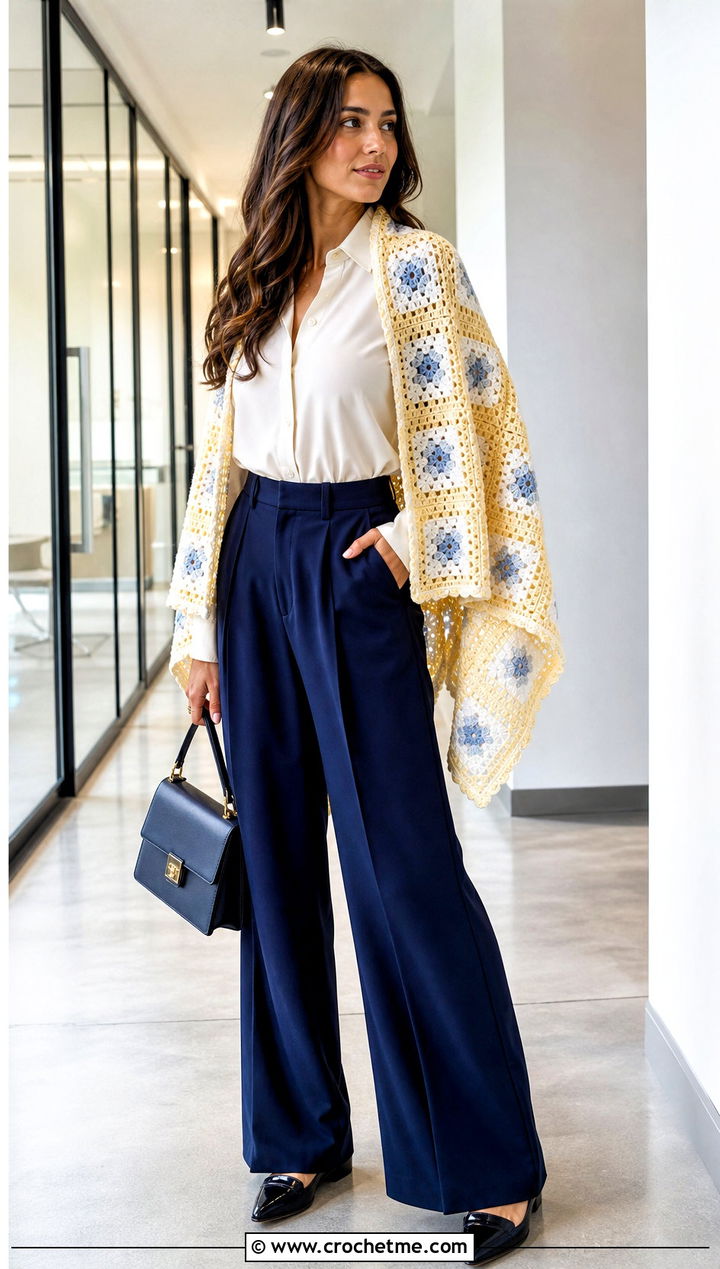 Granny Square Crochet Blanket Shawl With Tailored Trousers - 15 Crochet Shawl Blanket outfit ideas