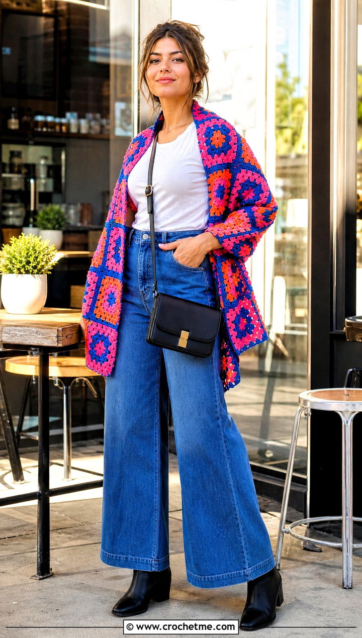 Granny Square Crochet Blanket Shawl With Wide Leg Jeans - 30 crochet blanket shawl outfit ideas