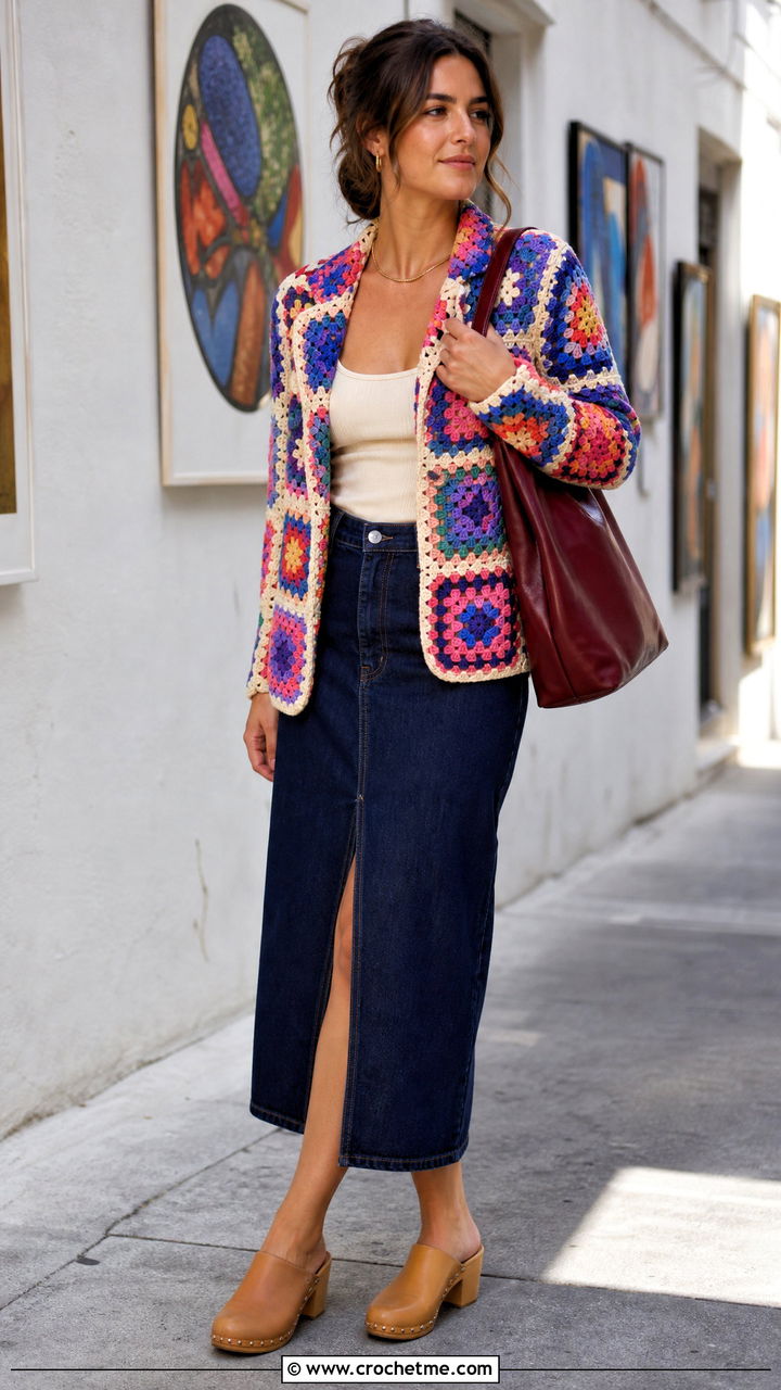 Granny Square Crochet Blazer With Denim Midi Skirt - 35 crochet blazer outfit ideas