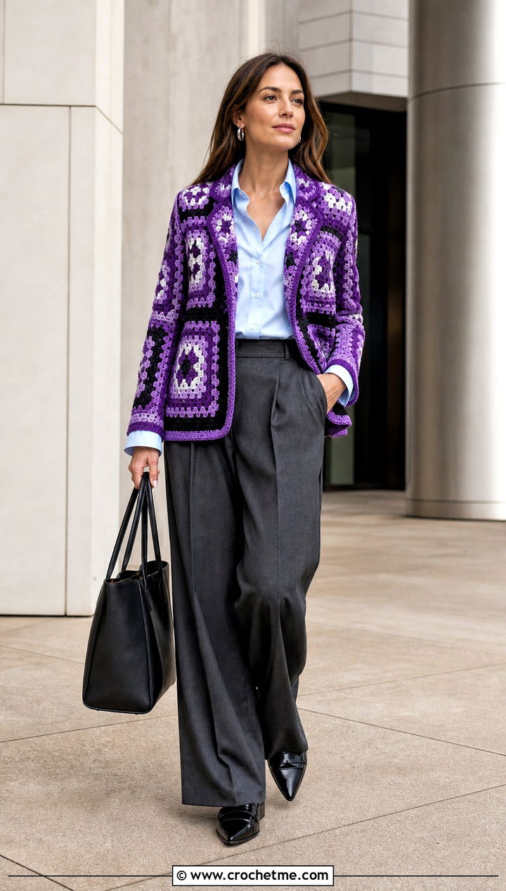 Granny Square Crochet Blazer With Tailored Trousers - 15 Granny Square Crochet Coats & Jackets outfit ideas