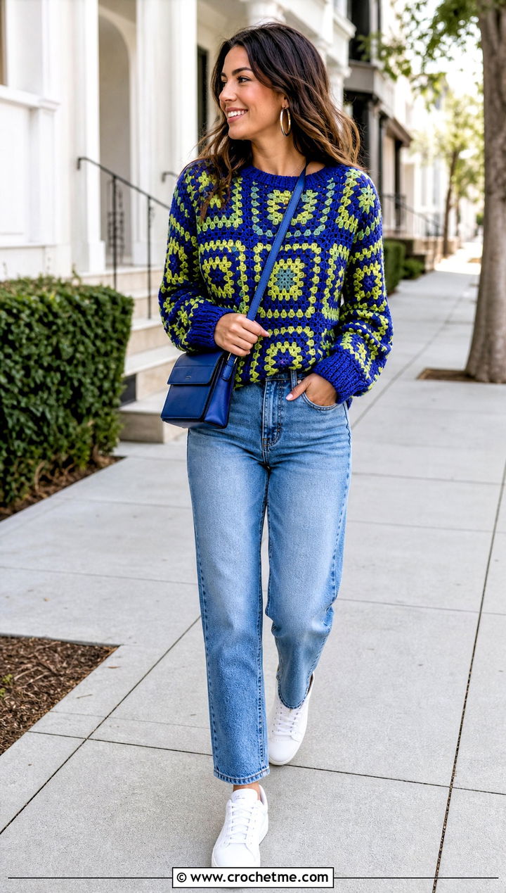 Granny Square Crochet Block Sweater With Straight Leg Jeans - 30 crochet block sweater outfit ideas