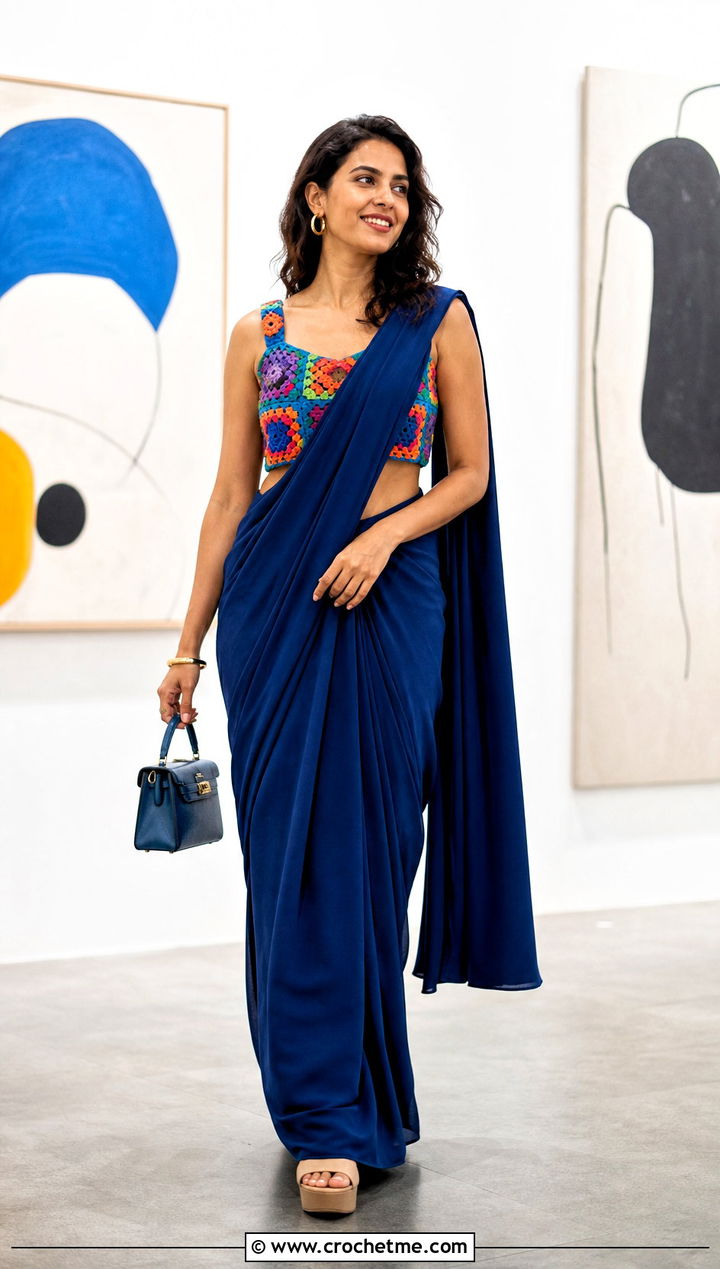 Granny Square Crochet Blouse With Solid Saree - 35 Crochet Blouse For Saree outfit ideas