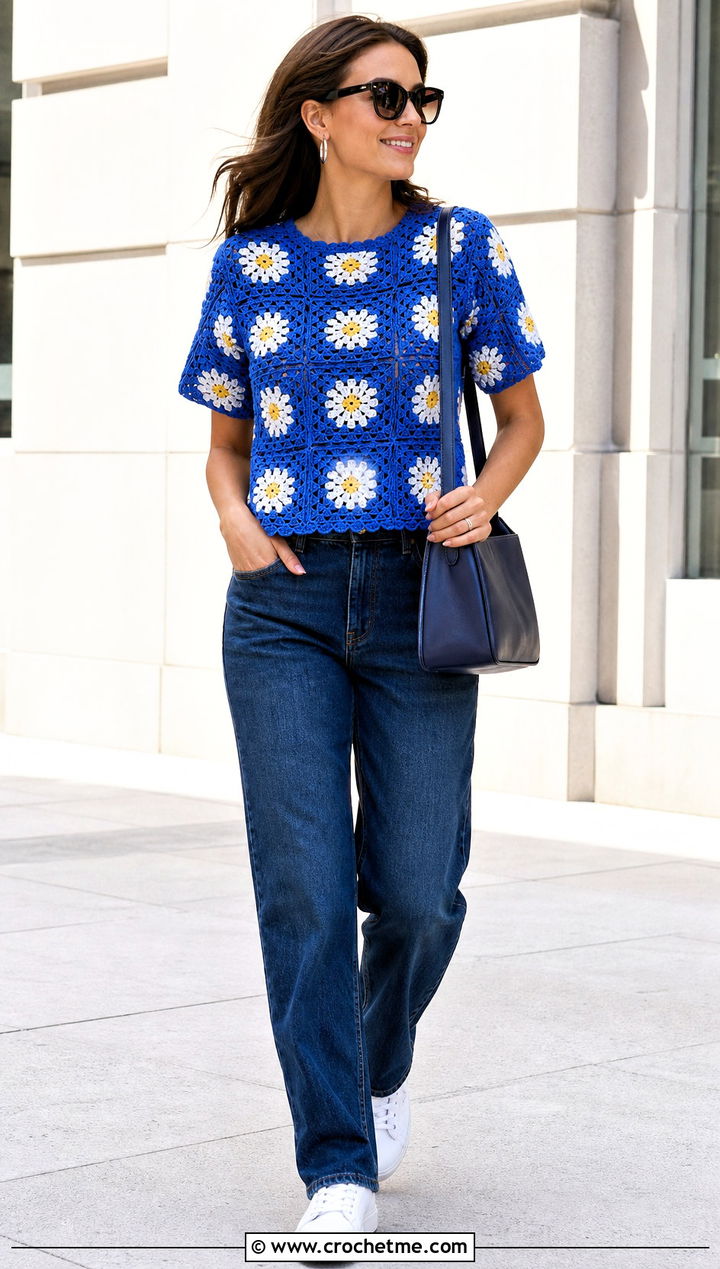 Granny Square Crochet Blouse With Straight Leg Jeans - 15 colorful crochet blouse design outfit ideas