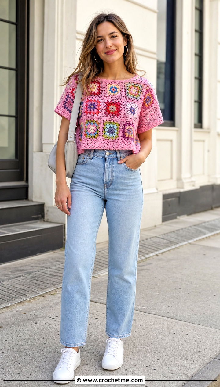 Granny Square Crochet Blouse With Straight Leg Jeans - 15 quick crochet blouse outfit ideas