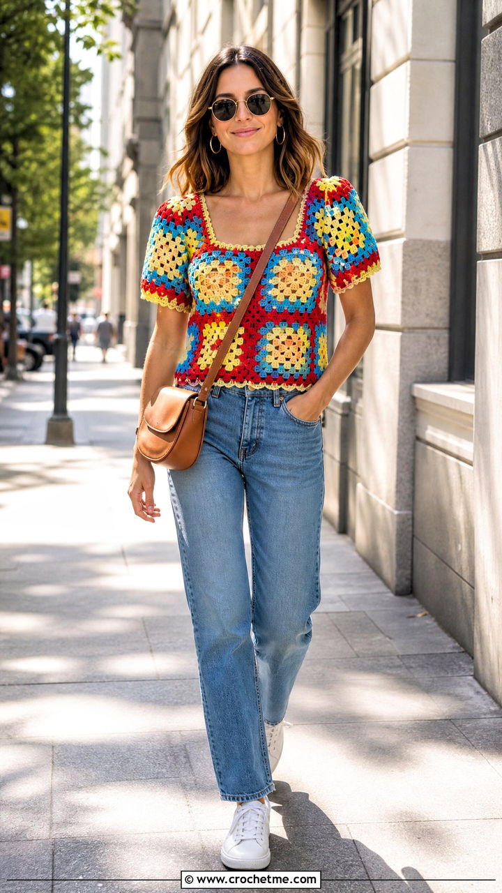 Granny Square Crochet Blouse With Straight Leg Jeans - 35 crochet blouse for women outfit ideas