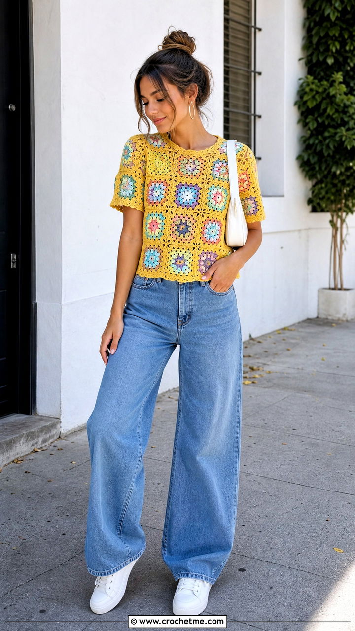 Granny Square Crochet Blouse With Wide Leg Jeans - 35 crochet summer blouse outfit ideas