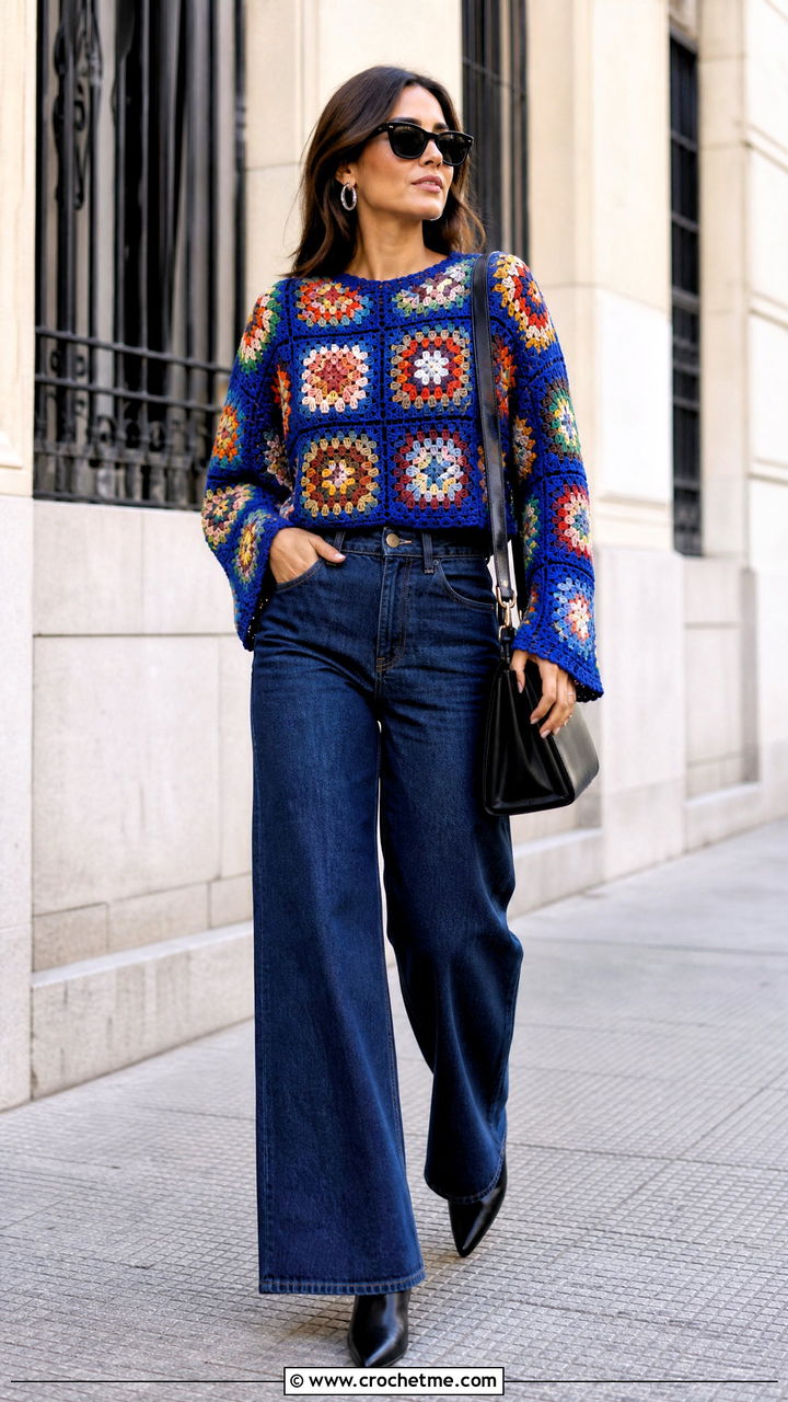Granny Square Crochet Blouse With Wide Leg Jeans - 35 crochet blouse outfit ideas