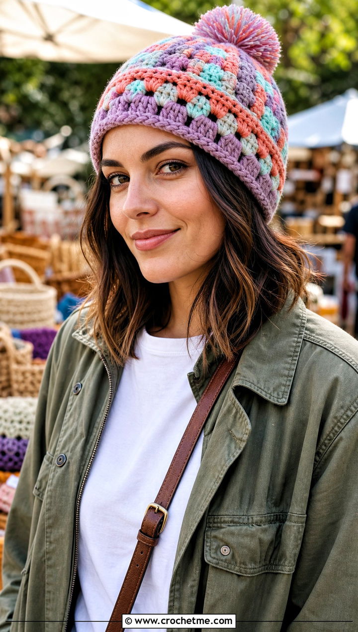 Granny Square Crochet Bobble Hat With Utility Jacket - 30 crochet bobble hat outfit ideas
