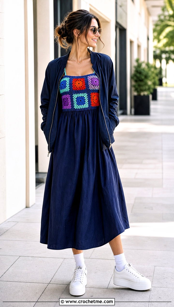 Granny Square Crochet Bodice Dress With Sneakers - 25 crochet bodice dress outfit ideas