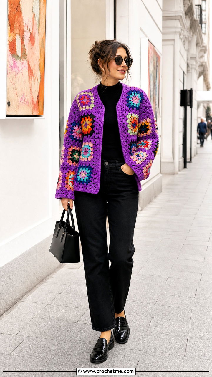 Granny Square Crochet Bog Jacket With Black Denim - 35 Crochet Bog Jacket outfit ideas