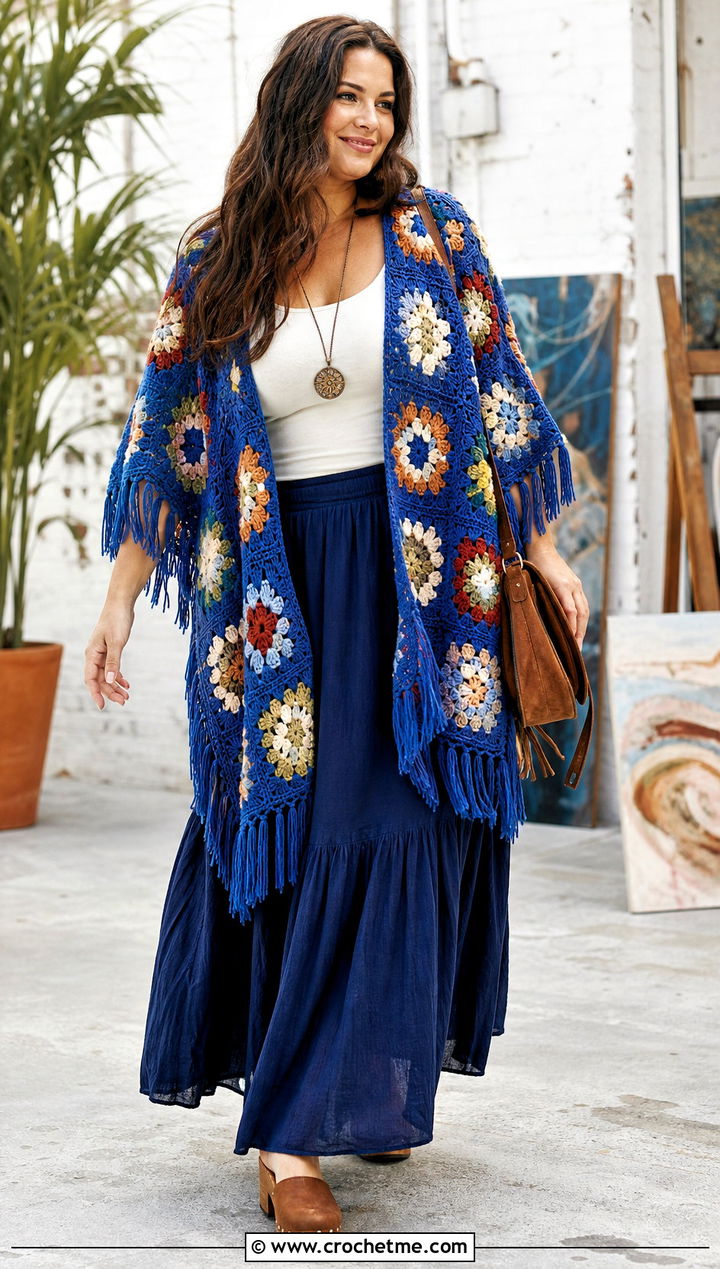 Granny Square Crochet Boho Poncho With Maxi Skirt - 30 crochet boho poncho outfit ideas