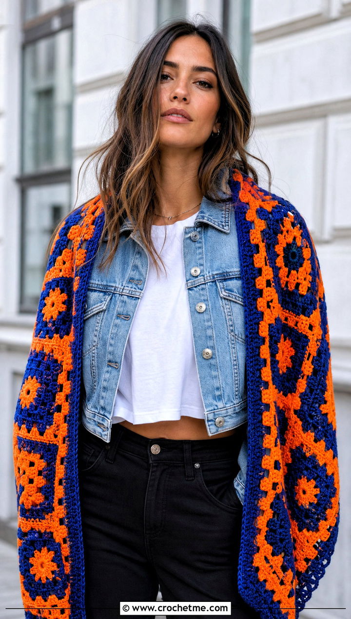 Granny Square Crochet Boho Shawl With Denim Jacket - 30 crochet boho shawl outfit ideas