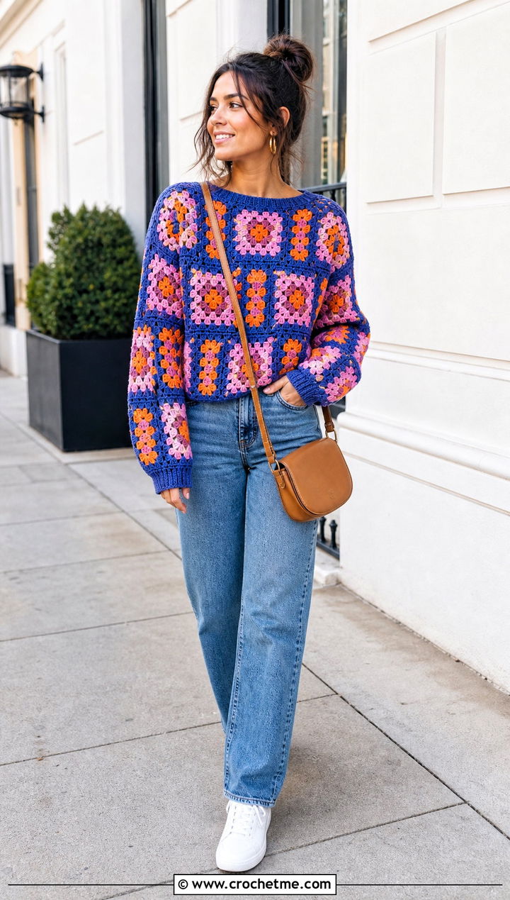 Granny Square Crochet Boho Sweater With Straight Leg Jeans - 30 crochet boho sweater outfit ideas
