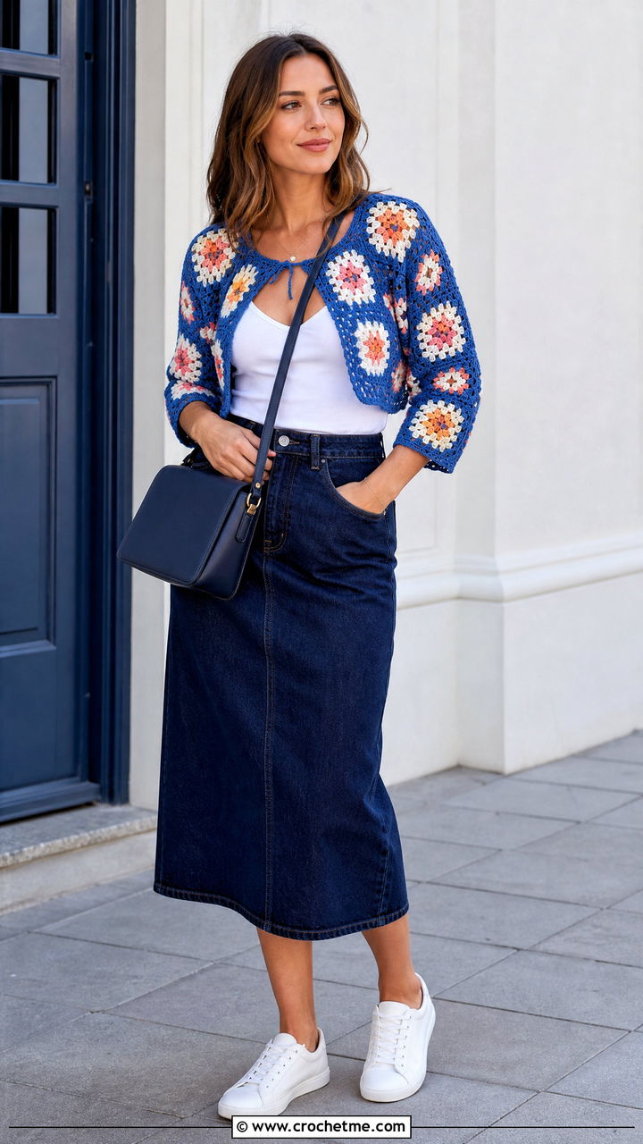 Granny Square Crochet Bolero Shrug With Denim Skirt - 35 crochet bolero shrug outfit ideas