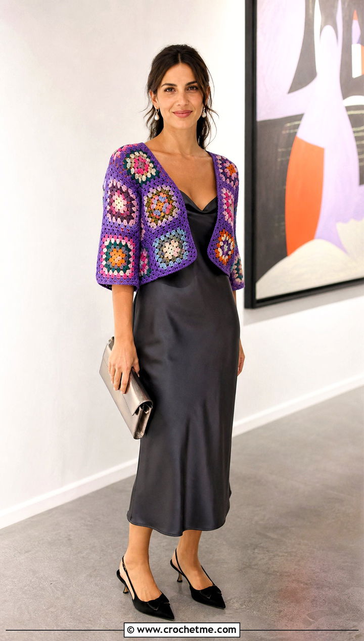 Granny Square Crochet Bolero Top With Slip Dress - 20 crochet bolero top outfit ideas