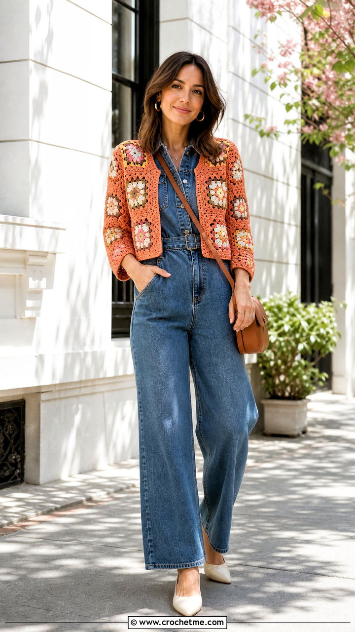 Granny Square Crochet Bolero With Denim Jumpsuit - 35 granny square crochet clothes and outfit ideas