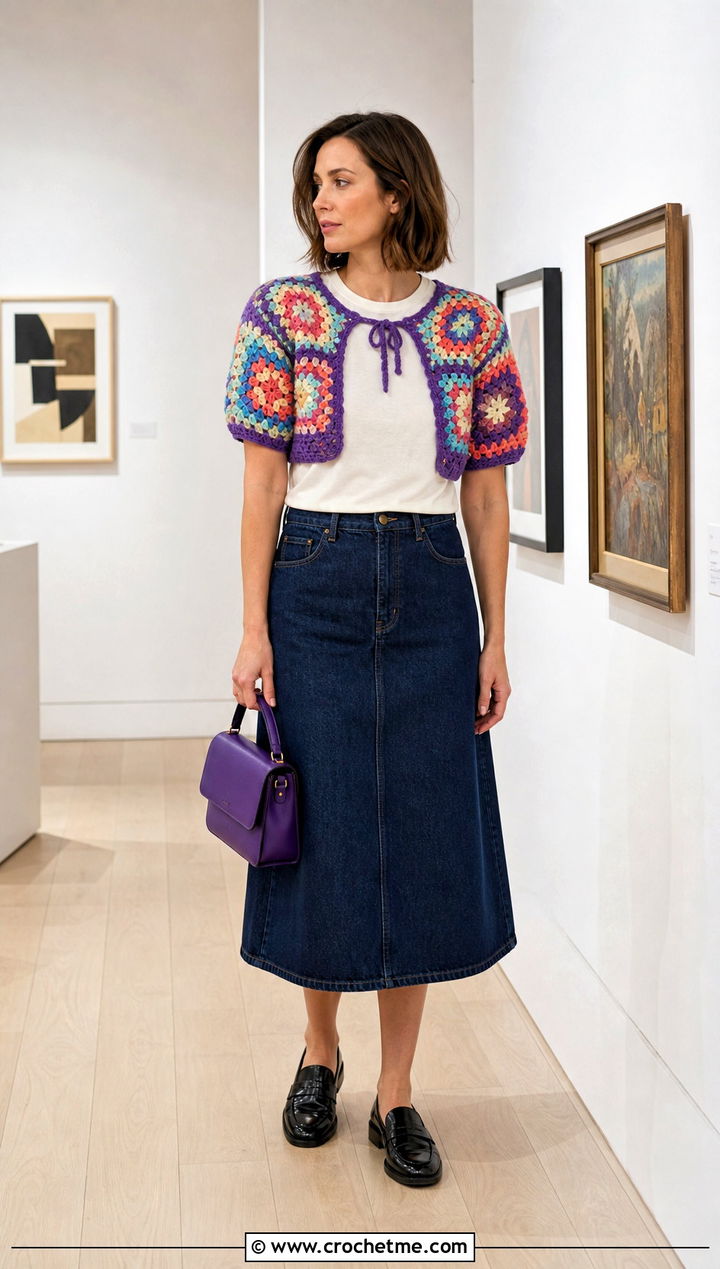 Granny Square Crochet Bolero With Denim Skirt - 25 Crochet Mini Sweater outfit ideas