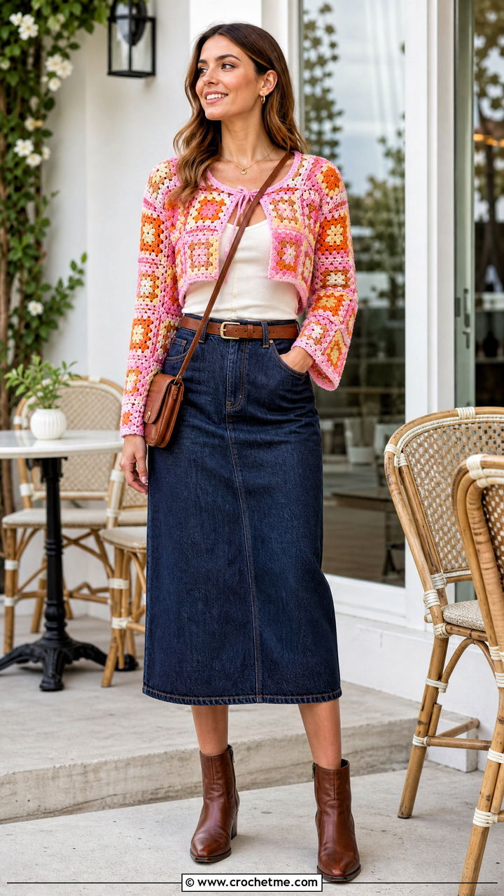 Granny Square Crochet Bolero With Denim Skirt - 35 crochet bolero outfit ideas