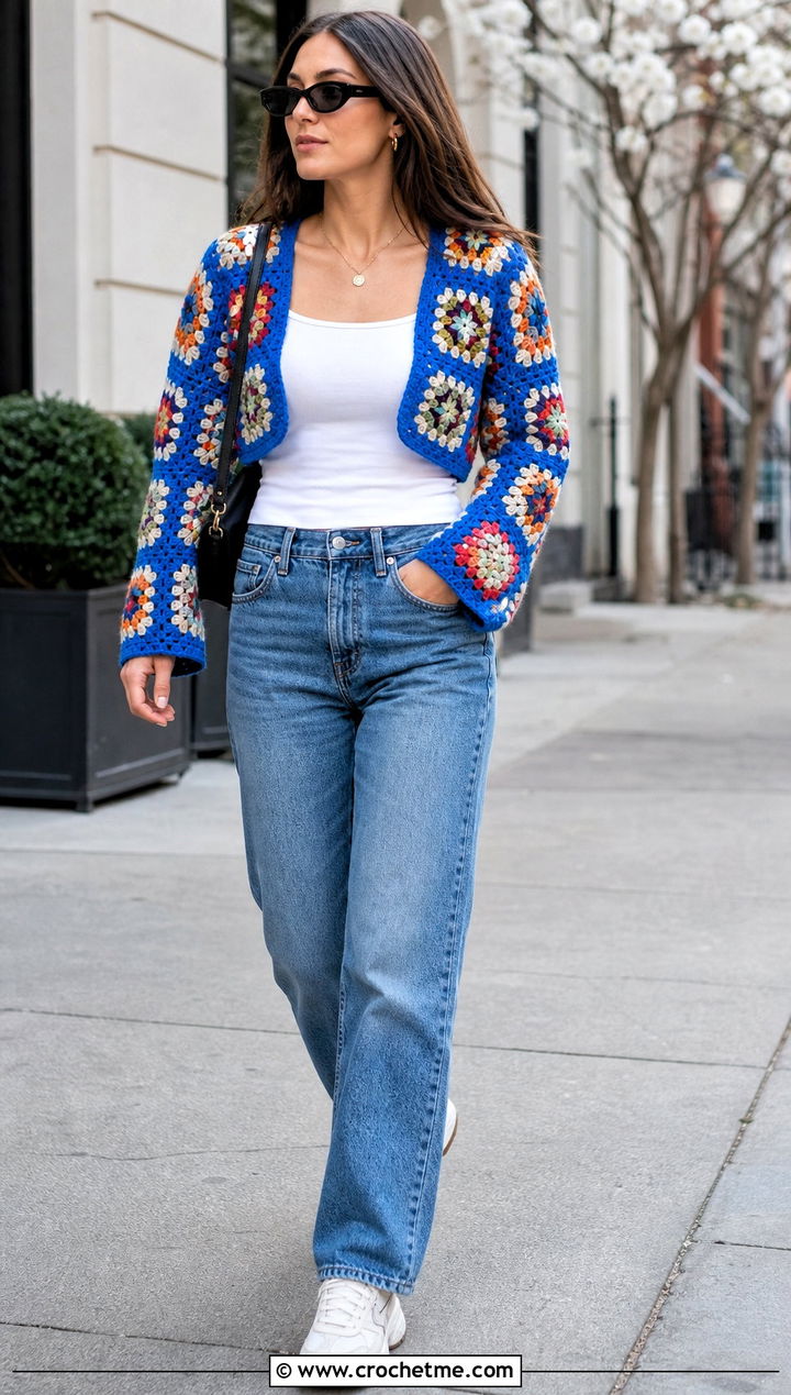 Granny Square Crochet Bolero With Jeans - 15 crochet spring summer bolero outfit ideas