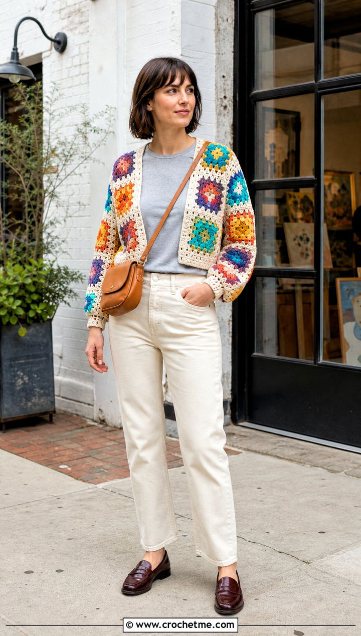 Granny Square Crochet Bolero With T Shirt And Straight Jeans - 20 Crochet Bolero Sweater outfit ideas
