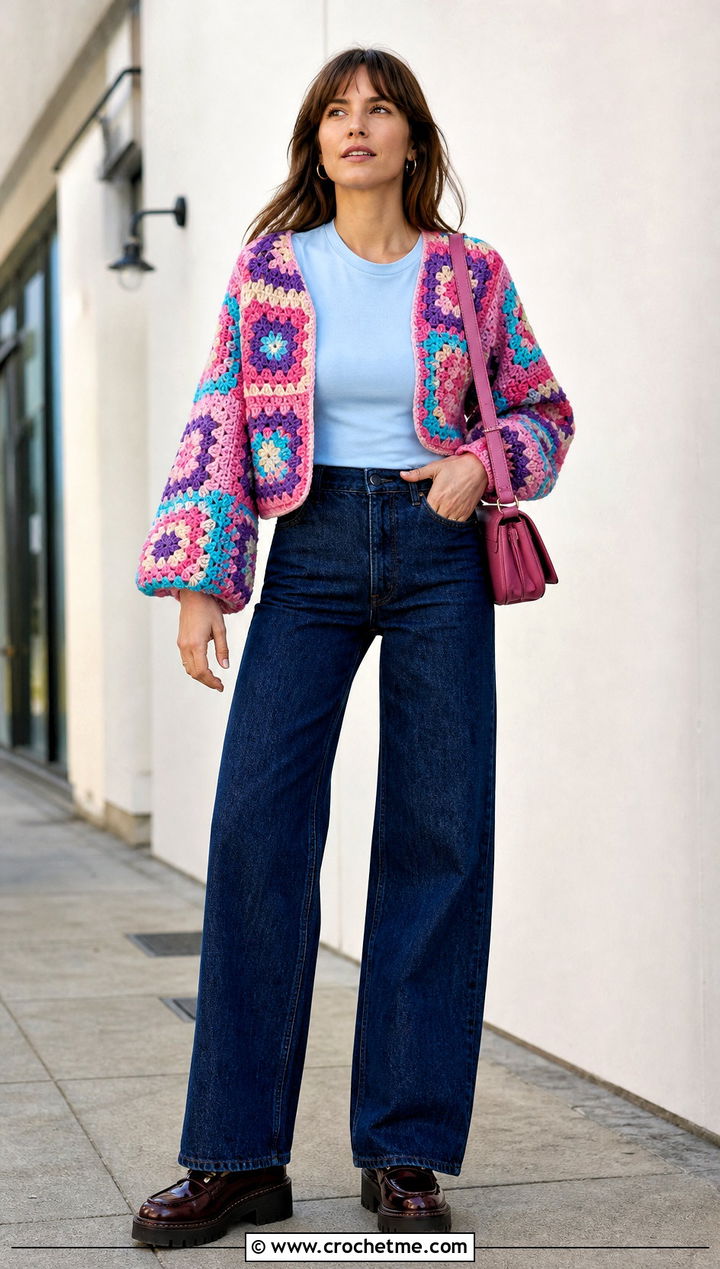 Granny Square Crochet Bolero With Wide Leg Jeans - 15 Crochet Super Cropped Sweater outfit ideas