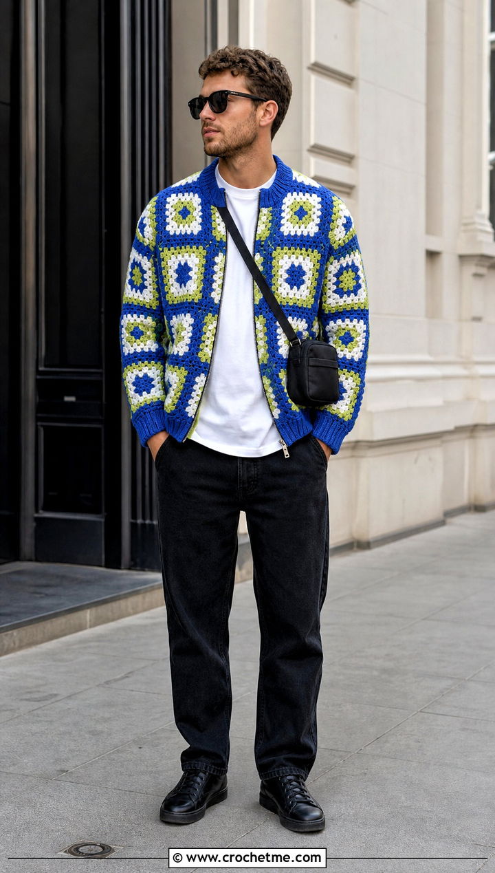 Granny Square Crochet Bomber Jacket With Black Jeans - 15 Crochet Mens Jacket outfit ideas
