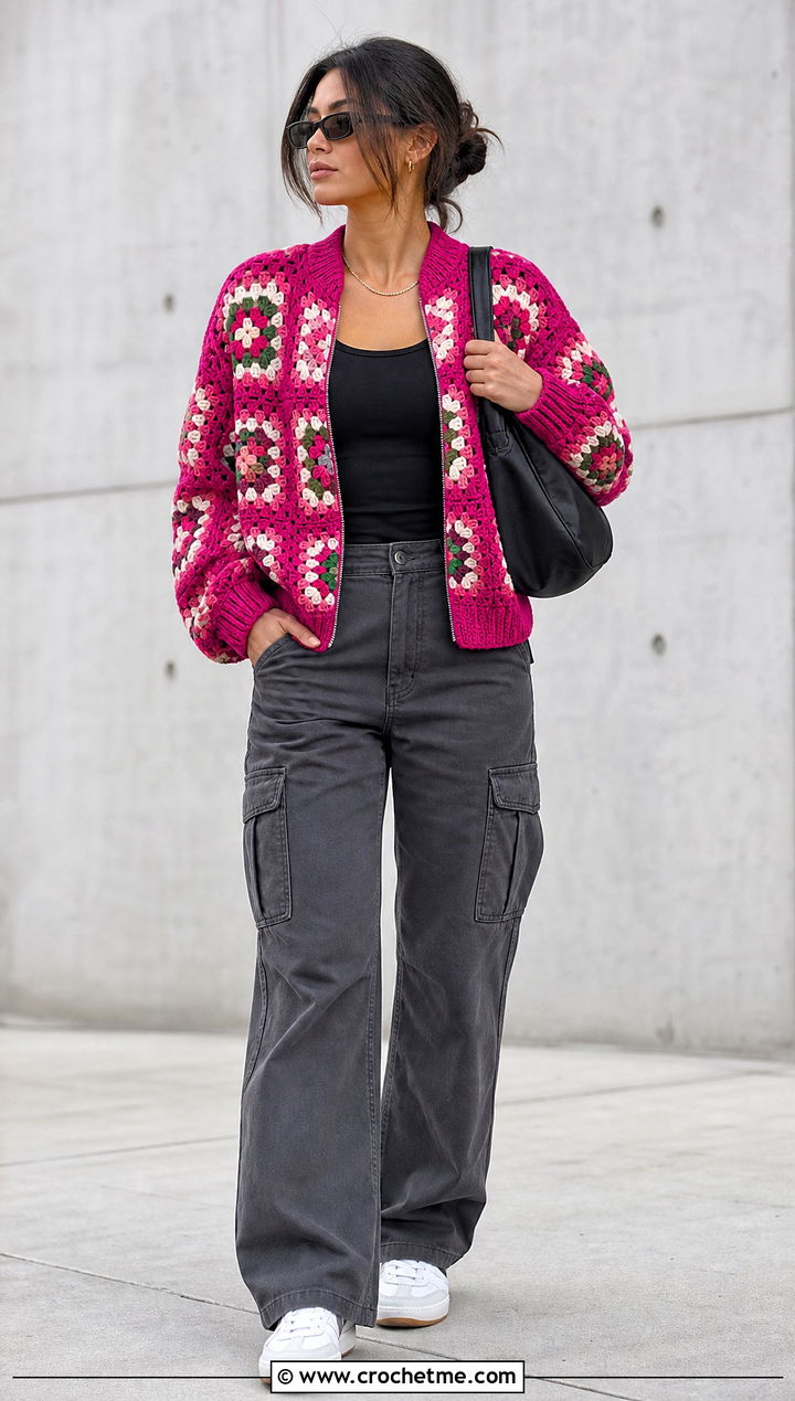 Granny Square Crochet Bomber Jacket With Cargo Pants - 15 Granny Square Crochet Coats & Jackets outfit ideas