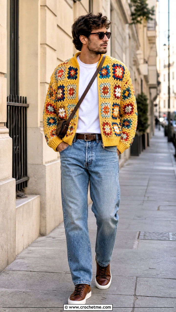 Granny Square Crochet Bomber Jacket With Straight Jeans - 35 crochet jacket for men outfit ideas