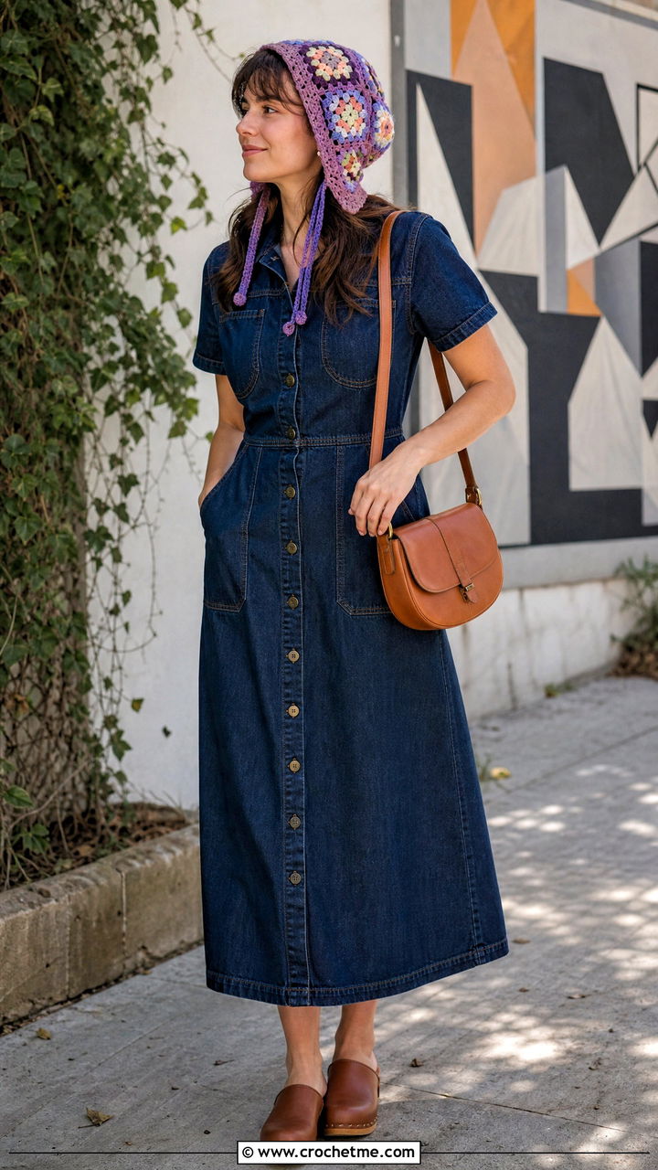 Granny Square Crochet Bonnet With A Denim Dress - 35 easy crochet hats outfit ideas